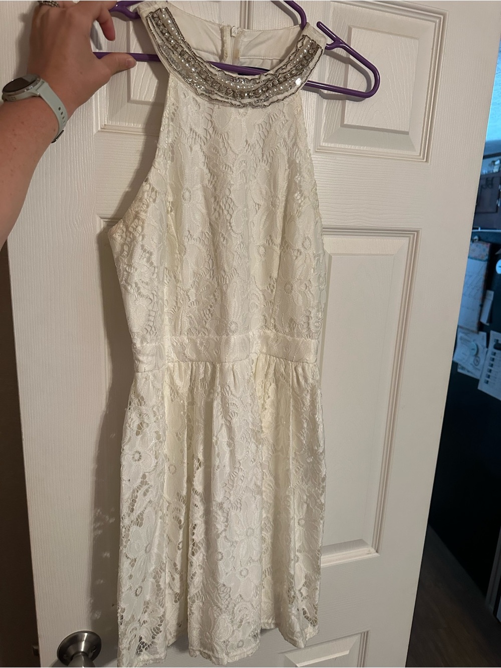 Womens Ivory Lace Halter Dress with Beaded Neckline